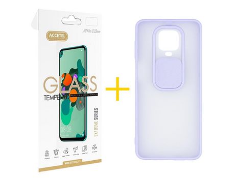 Pack 1 X Protector de Vidrio Templado 2.5D + Funda ACCETEL para Xiaomi Redmi Note 9S Gel Protección Cámara Violeta