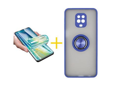 Pack 1 Película + Funda SKYHE por Xiaomi Redmi Note 9 Pro Gel Bumper con Anillo Azul
