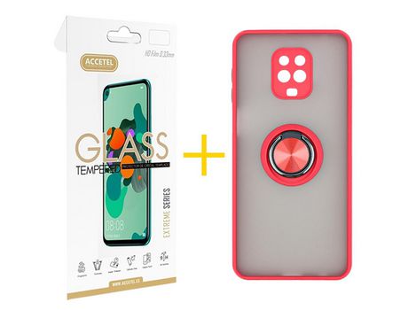 Pack 1 X Protector de Vidrio Templado 2.5D + Funda ACCETEL para Xiaomi Redmi Note 9S Gel Bumper con Anillo Rojo