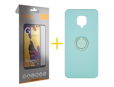 Pack 1 X Protector de Vidrio Templado Full + Funda ACCETEL para Xiaomi Redmi Note 9 Pro Gel O-Ring Verde-Agua