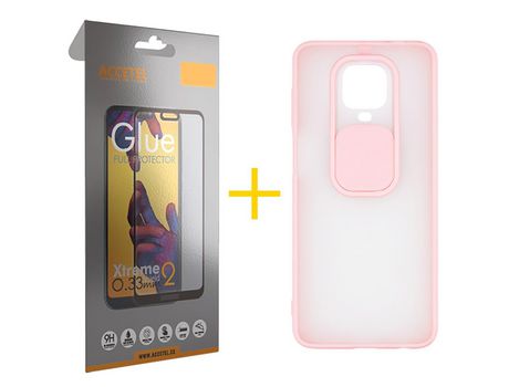 Pack 1 X Protector de Vidrio Templado Full + Funda ACCETEL para Xiaomi Redmi Note 9 Pro Gel Protección Cámara Rosa
