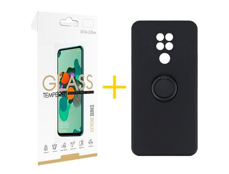 Pack 1 Película 2.5D + Funda SKYHE por Xiaomi Redmi Note 9 Gel O-Ring Negro