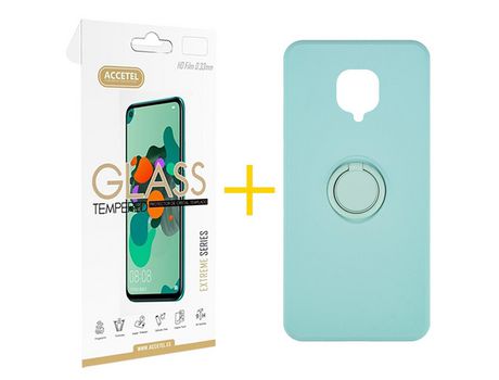Pack 1 X Protector de Vidrio Templado 2.5D + Funda ACCETEL para Xiaomi Redmi Note 9 Pro Gel O-Ring Verde-Agua