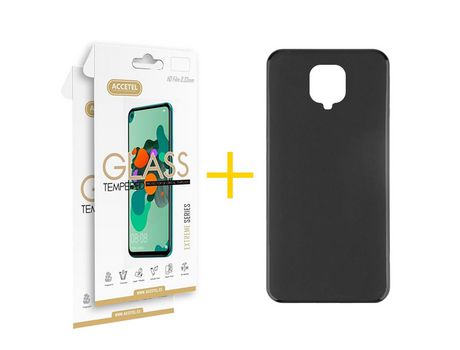 Pack 2 X Protector de Vidrio Templado 2.5D + Funda ACCETEL para Xiaomi Redmi Note 9 Pro Silicona Líquida Negro
