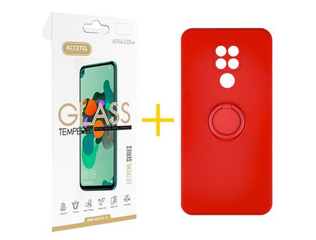 Pack 1 X Protector de Vidrio Templado 2.5D + Funda ACCETEL para Xiaomi Redmi Note 9 Gel O-Ring Rojo