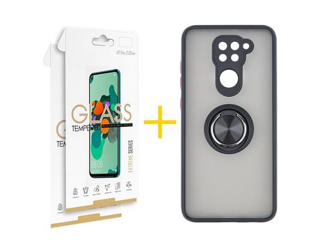 Pack 2 Películas 2.5D + Funda SKYHE por Xiaomi Redmi Note 9 Gel Bumper con Anillo Negro