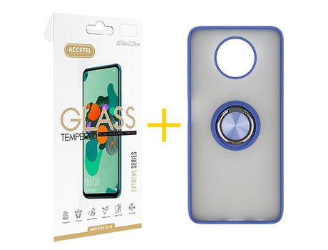 Pack 1 X Protector de Vidrio Templado 2.5D + Funda ACCETEL para Xiaomi Redmi Note 9T Gel Bumper con Anillo Azul