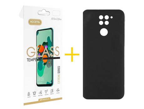 Pack 1 X Protector de Vidrio Templado 2.5D + Funda ACCETEL para Xiaomi Redmi Note 9 Silicona Líquida Negro