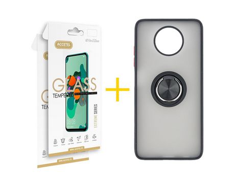 Pack 2 X Protector de Vidrio Templado 2.5D + Funda ACCETEL para Xiaomi Redmi Note 9T Gel Bumper con Anillo Negro