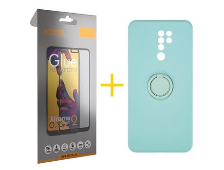Pack 1 X Protector de Vidrio Templado Full + Funda ACCETEL para Xiaomi Redmi 9 Gel O-Ring Verde-Agua