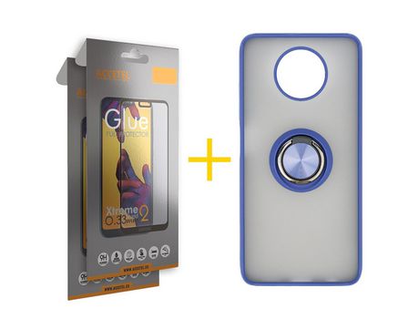 Pack 2 X Protector de Vidrio Templado Full + Funda ACCETEL para Xiaomi Redmi Note 9T Gel Bumper con Anillo Azul