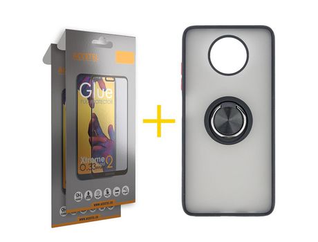 Pack 2 X Protector de Vidrio Templado Full + Funda ACCETEL para Xiaomi Redmi Note 9T Gel Bumper con Anillo Negro