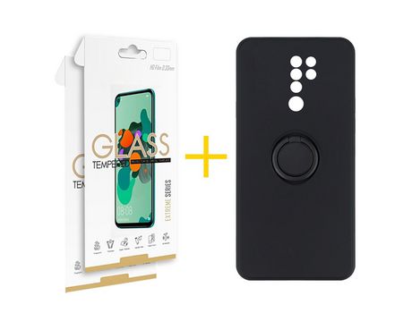 Pack 2 Películas 2.5D + Funda SKYHE por Xiaomi Redmi 9 Gel O-Ring Negro