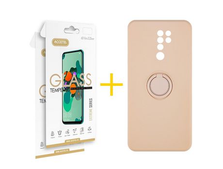 Pack 2 X Protector de Vidrio Templado 2.5D + Funda ACCETEL para Xiaomi Redmi 9 Gel O-Ring Rosa Pastel