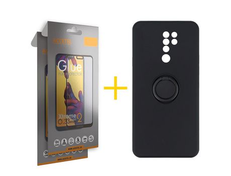 Pack 2 X Protector de Vidrio Templado Full + Funda ACCETEL para Xiaomi Redmi 9 Gel O-Ring Negro