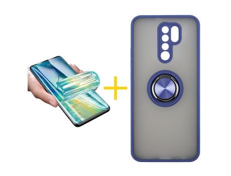 Pack 1 X Protector de Vidrio Templado Hidrogel + Funda ACCETEL para Xiaomi Redmi 9 Gel Bumper con Anillo Azul