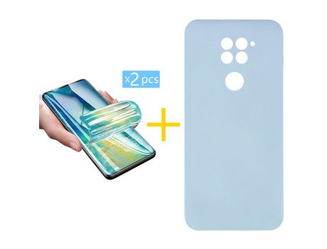 Pack 2 X Protector de Vidrio Templado Hidrogel + Funda ACCETEL para Xiaomi Redmi Note 9 Silicona Líquida Azul