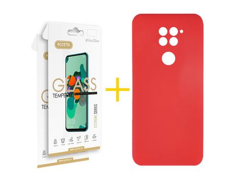 Pack 2 X Protector de Vidrio Templado 2.5D + Funda ACCETEL para Xiaomi Redmi Note 9 Silicona Líquida Rojo