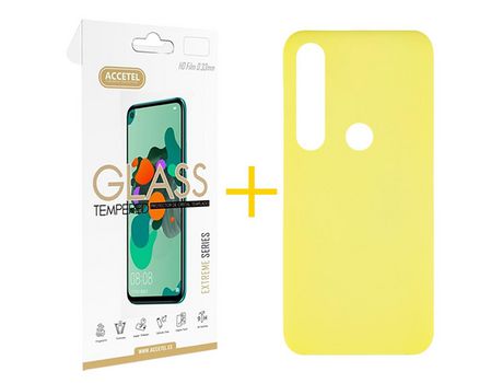 Pack 1 X Protector de Vidrio Templado 2.5D + Funda ACCETEL para Huawei P Smart 2019 Silicona Líquida Amarillo