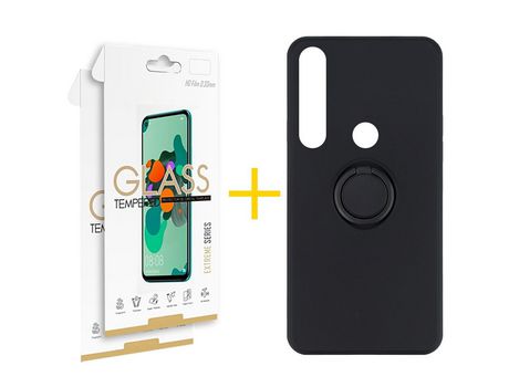 Pack 2 Películas 2.5D + Funda SKYHE por Huawei P Smart 2019 Gel O-Ring Negro