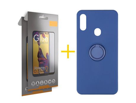 Pack 2 Películas Full + Funda SKYHE por Samsung Galaxy A20s Gel O-Ring Azul