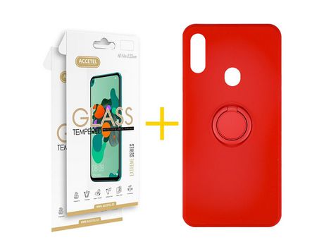 Pack 2 X Protector de Vidrio Templado 2.5D + Funda ACCETEL para Samsung Galaxy A20s Gel O-Ring Rojo