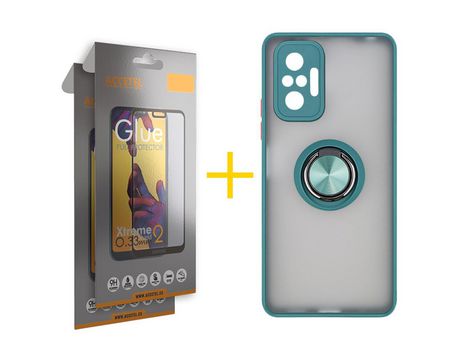 Pack 2 X Protector de Vidrio Templado Full + Funda ACCETEL para Xiaomi Redmi Note 10 Pro Gel Bumper con Anillo Verde