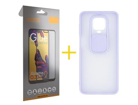 Pack 1 X Protector de Vidrio Templado Full + Funda ACCETEL para Xiaomi Redmi Note 9S Gel Protección Cámara Violeta