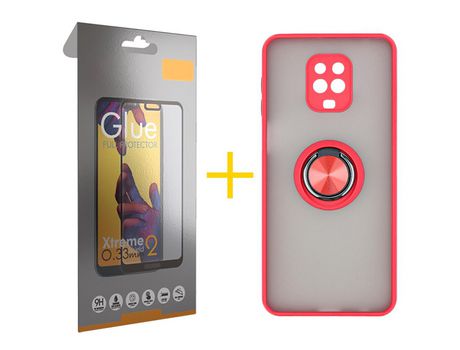 Pack 1 Película Full + Funda SKYHE por Xiaomi Redmi Note 9 Pro Gel Bumper con Anillo Rojo