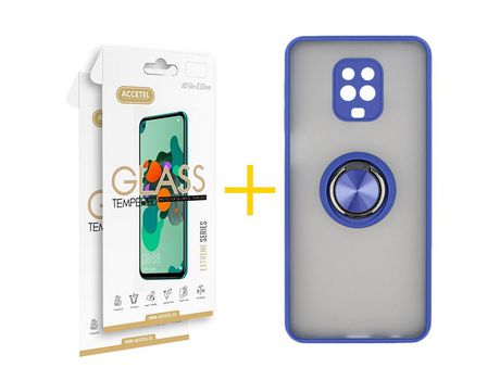 Pack 2 X Protector de Vidrio Templado 2.5D + Funda ACCETEL para Xiaomi Redmi Note 9 Pro Gel Bumper con Anillo Azul