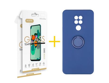 Pack 2 X Protector de Vidrio Templado 2.5D + Funda ACCETEL para Xiaomi Redmi Note 9 Gel O-Ring Azul