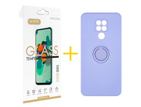 Pack 1 X Protector de Vidrio Templado 2.5D + Funda ACCETEL para Xiaomi Redmi Note 9 Gel O-Ring Morado