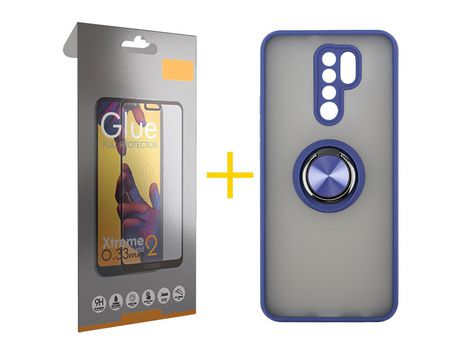 Pack 1 Película Full + Funda SKYHE por Xiaomi Redmi 9 Gel Bumper con Anillo Azul