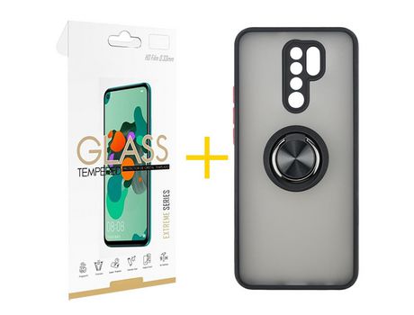 Pack 1 Película 2.5D + Funda SKYHE por Xiaomi Redmi 9 Gel Bumper con Anillo Negro