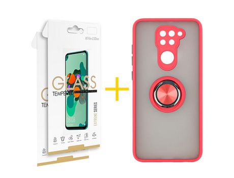 Pack 2 Películas 2.5D + Funda SKYHE por Xiaomi Redmi Note 9 Gel Bumper con Anillo Rojo