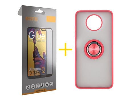 Pack 1 X Protector de Vidrio Templado Full + Funda ACCETEL para Xiaomi Redmi Note 9T Gel Bumper con Anillo Rojo