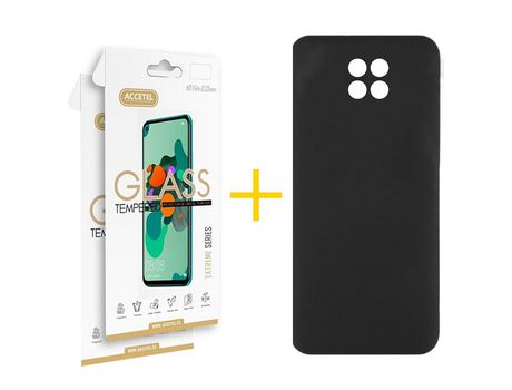 Pack 2 X Protector de Vidrio Templado 2.5D + Funda ACCETEL para Xiaomi Redmi Note 9T Silicona Líquida Negro