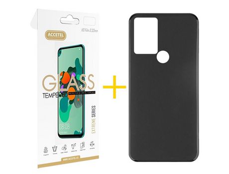 Pack 1 X Protector de Vidrio Templado 2.5D + Funda ACCETEL para TCL 305 Silicona Liso Negro