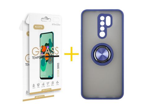 Pack 2 X Protector de Vidrio Templado 2.5D + Funda ACCETEL para Xiaomi Redmi 9 Gel Bumper con Anillo Azul