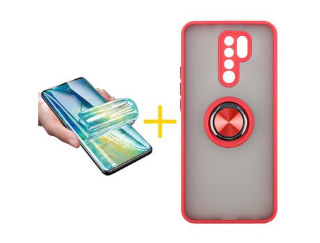 Pack 1 X Protector de Vidrio Templado Hidrogel + Funda ACCETEL para Xiaomi Redmi 9 Gel Bumper con Anillo Rojo