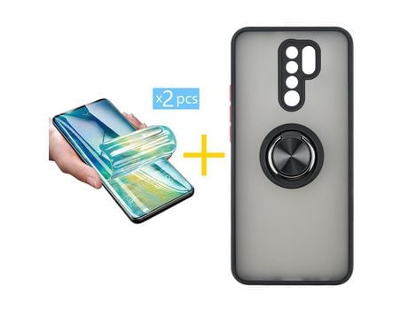 Pack 2 X Protector de Vidrio Templado Hidrogel + Funda ACCETEL para Xiaomi Redmi 9 Gel Bumper con Anillo Negro