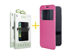 Juego 2 X Película de Vidrio Templado Antiespia + Funda skyhe por Apple iPhone 14 Plus Flip Cover Gandy Rosa