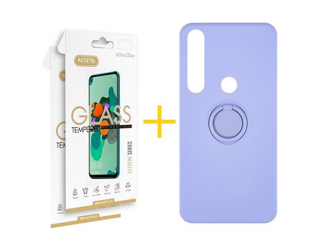 Pack 2 X Protector de Vidrio Templado 2.5D + Funda ACCETEL para Huawei P Smart 2019 Gel O-Ring Morado