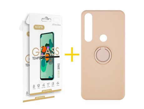 Pack 2 X Protector de Vidrio Templado 2.5D + Funda ACCETEL para Huawei P Smart 2019 Gel O-Ring Rosa Pastel