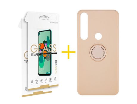 Pack 2 Películas 2.5D + Funda SKYHE por Huawei P Smart 2019 Gel O-Ring Rosa Pastel