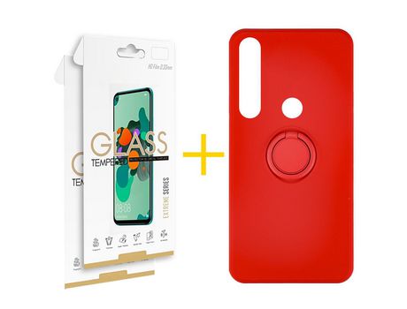 Pack 2 Películas 2.5D + Funda SKYHE por Huawei P Smart 2019 Gel O-Ring Rojo