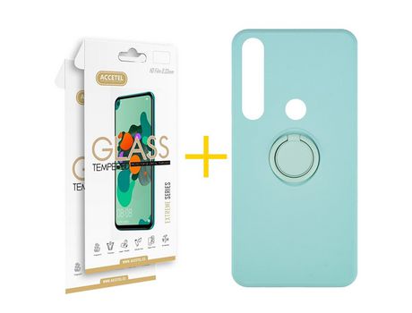 Pack 2 X Protector de Vidrio Templado 2.5D + Funda ACCETEL para Huawei P Smart 2019 Gel O-Ring Verde-Agua