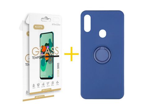 Pack 2 X Protector de Vidrio Templado 2.5D + Funda ACCETEL para Samsung Galaxy A20s Gel O-Ring Azul