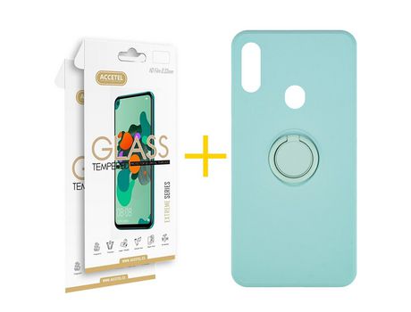 Pack 2 X Protector de Vidrio Templado 2.5D + Funda ACCETEL para Samsung Galaxy A20s Gel O-Ring Verde-Agua