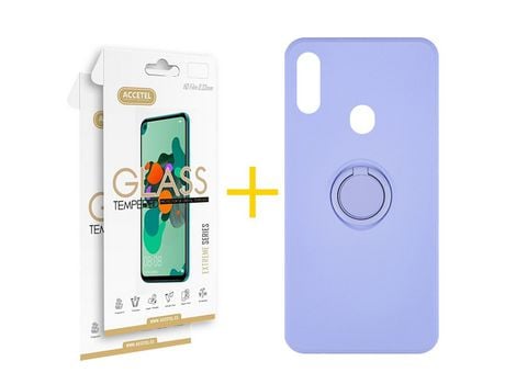 Pack 2 X Protector de Vidrio Templado 2.5D + Funda ACCETEL para Samsung Galaxy A20s Gel O-Ring Morado